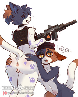 anthro anus armor beanie body_armor butt clothing duo ear_piercing female female/female genitals gun hat headgear headwear holding_object holding_weapon looking_at_viewer piercing presenting presenting_hindquarters ranged_weapon spread_butt spreading tattoo text vulva weapon yellow_eyes beanii epic_games fortnite patreon cate_meowdy meow_skulls calico_cat domestic_cat felid feline felis mammal absurd_res hi_res url