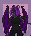2018 akuva anthro avoid_posting black_body blue_eyes clothed clothing cute_fangs dragon female hair hand_on_hip hi_res horn looking_at_viewer membrane_(anatomy) membranous_wings mythological_creature mythological_scalie mythology portrait purple_background purple_hair raimia scalie simple_background solo tail three-quarter_portrait wings