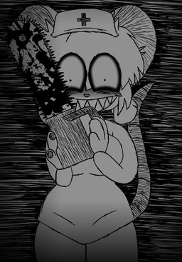 anthro blood blush bodily_fluids breasts chainsaw clothing female fur hair hat headgear headwear nurse nurse_clothing nurse_headwear power_tool saw smile solo tail tools white_body white_fur dayhorrorfox terrible_mouse lorna_(terrible_mouse) house_mouse mammal mouse murid murine rodent hi_res monochrome