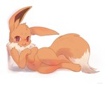 2018 ambiguous_gender ancesra blush brown_body brown_fur chest_tuft digital_media_(artwork) dipstick_tail eevee exposure_variation feral fur generation_1_pokemon hi_res lying mammal markings multicolored_tail nintendo nude on_side open_mouth pokemon pokemon_(species) reclining shaded simple_background solo tail tail_markings tuft white_background