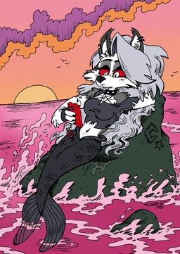 anthro arm_tuft black_body black_claws black_nose black_scales cellphone claws clothing collar electronics eyebrows female fingerless_gloves fur gloves grey_hair hair half-closed_eyes handwear head_tuft long_hair looking_down lying multicolored_body multicolored_fur narrowed_eyes navel phone red_sclera scales shoulder_tuft smartphone solo split_form sun sunset torn_clothing tuft water white_eyes andreu-t hellaverse helluva_boss mythology loona_(helluva_boss) aquatic avian bird canid canid_demon canine demon hellhound hybrid mammal merfolk mythological_canine mythological_creature 2021 absurd_res hi_res