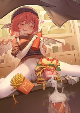 ambiguous_gender asian_clothing balls bodily_fluids bottle bottomless breasts brown_clothing brown_kimono burger censor_bar cheese clothed clothing container cum cum_in_a_cup cum_in_container cup dairy_products disembodied_hand drinking_straw duo east_asian_clothing feathered_wings feathers food food_fetish food_penetration food_play fries genital_fluids genitals gynomorph hair head_wings headscarf heart_symbol holding_bottle holding_container holding_cup holding_object humanoid_genitalia humanoid_penis improvised_sex_toy ineffective_censorship intersex japanese_clothing ketchup ketchup_bottle kimono lettuce melted_cheese mostly_offscreen_character navel one_eye_closed one_eye_half-closed open_mouth open_smile penis plant red_hair sitting smile solo_focus sweat sweatdrop thick_penis unusual_wing_placement vegetable wings yazato_ichimushi touhou mystia_lorelei animal_humanoid avian avian_humanoid humanoid winged_humanoid 2024 absurd_res censored hi_res