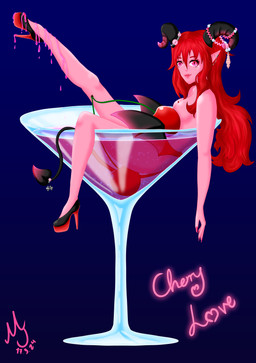 alcohol beverage black_clothing black_footwear black_horn black_shoes black_wings blue_background cherry clothing cocktail cocktail_glass colored_nails container cup drinking_glass eyeshadow female food footwear footwear_only fruit glass glass_container glass_cup hair heart_eyes heart_symbol high_heels high_heels_only horn jewelry lipstick liquid long_hair long_nails looking_at_viewer makeup membrane_(anatomy) membranous_wings mostly_nude nails naturally_censored not_furry nude pink_body pink_eyes pink_skin plant pointy_ears red_clothing red_footwear red_hair red_shoes shoes simple_background solo spade_tail tail text wings monochromejoker evilin_amante_(monochromejoker) demon humanoid tiefling 2024 absurd_res digital_media_(artwork) english_text hi_res shaded watermark