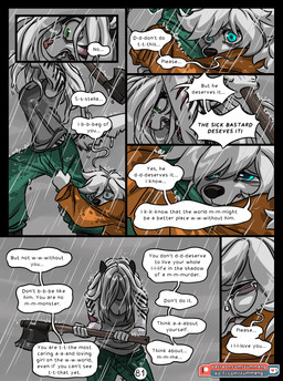 5_fingers anthro axe clothed clothing dialogue female fingers green_eyes hair melee_weapon open_mouth profanity raining scar teeth text weapon white_hair zummeng estella_(zummeng) evie_(zummeng) domestic_cat felid feline felis mammal pantherine tiger 2019 comic digital_media_(artwork) english_text hi_res