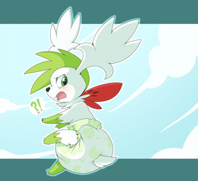 ambiguous_gender anthro anthrofied blush butt clean_diaper clothed clothing diaper diaper_fetish flying interrobang looking_back pokemorph solo wearing_diaper bubblepuppers nintendo pokemon generation_4_pokemon legendary_pokemon pokemon_(species) shaymin sky_forme_shaymin