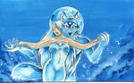 anthro blue_body blue_fur blue_hair claws clothed clothing duo empty_eyes female full_moon fully_clothed fur hair looking_at_viewer male moon nude outside pawpads sky water white_eyes heather_bruton canid canine canis human mammal wolf 2024 acrylic_painting_(artwork)