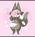 anthro big_diaper blush blush_lines button_(fastener) clean_diaper clothed clothing dialogue diaper dotted_background ellipsis footprint front_view fur hair hair_over_eye heart_symbol makeup markings mascara onesie open_onesie pattern_background pawprint pawprint_(marking) pawprint_diaper pink_hair raised_arm simple_background solo speech_bubble text wearing_diaper white_body white_fur zipper jupiters chikn_nuggit cofi_(chikn_nuggit) bovid caprine mammal sheep absurd_res english_text hi_res female_(lore)