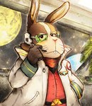 anthro belt clothing coat gloves hand_in_pocket handwear lab_coat male planet plant plant_pot pockets potted_plant red_eyes scouter smile solo space star text topwear window katamichi nintendo star_fox peppy_hare lagomorph leporid mammal rabbit absurd_res english_text hi_res