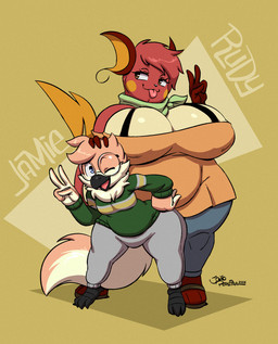 anthro beak bent_over big_breasts blep bottomwear breasts clothed clothing duo eyewear female fluffy fluffy_tail fully_clothed glasses hand_on_hip huge_breasts larger_female male overweight overweight_anthro overweight_female pants round_glasses size_difference slightly_chubby slightly_chubby_male smaller_male smile sweater tail thick_thighs tongue tongue_out topwear wide_hips joaoppereiraus nintendo pokemon jamie_bliss_(jamiebirby) rudy_fox_(jamiebirby) avian bird generation_1_pokemon mammal pokemon_(species) raichu rodent hi_res