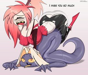 bodily_fluids breasts clothed clothing dialogue duo eyebrows fangs female fingers grey_body hair male nipple_outline nude_male orange_eyes pink_hair tears teeth text tongue tongue_out yellow_sclera markmanez hazbin_hotel hellaverse sir_pentious_(hazbin_hotel) humanoid reptile scalie snake absurd_res hi_res