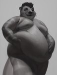 anthro belly belly_squish big_belly casual_nudity curled_hair double_chin eyebrows featureless_crotch fingers fur grey_background hair hand_on_belly huge_belly looking_at_viewer male moobs navel nipples nude obese obese_anthro obese_male open_mouth overweight overweight_anthro overweight_male simple_background snout solo squish standing striped_body striped_fur stripes tail teeth thick_thighs three-quarter_view whiskers chubby-shark ren_(rsf1090) mammal mustelid otter 2023 digital_media_(artwork) digital_painting_(artwork) greyscale monochrome portrait shaded soft_shading three-quarter_portrait