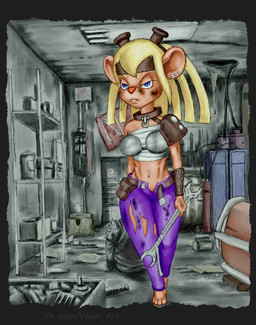 anthro barefoot biped blonde_hair blue_eyes chest_wraps clothing ear_piercing eyewear feet female goggles hair holding_object midriff navel piercing solo tools torn_clothing wraps wrench vylfgor chip_'n_dale_rescue_rangers disney fallout microsoft gadget_hackwrench mammal mouse murid murine rodent 2016 crossover hi_res