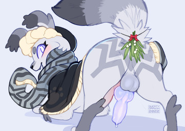 animal_genitalia animal_penis anus ass_up balls blue_eyes blush bodily_fluids butt canine_genitalia canine_penis clothing convenient_censorship erection feral fur furgonomics genital_fluids genitals grey_body grey_fur knot knotted_penis leaking_precum looking_at_viewer looking_back male mistletoe multicolored_body multicolored_fur patterned_fur penis plant precum presenting presenting_hindquarters scarf smile solo toony topwear qwertydragon nintendo pokemon eeveelution espeon generation_2_pokemon pokemon_(species) 2022 colored digital_drawing_(artwork) digital_media_(artwork) hi_res
