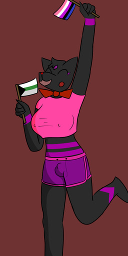 accessory anthro belly blush bottomwear bow_(feature) bow_accessory bow_tie breasts bulge celebration cheek_blush clothed clothing crop_top demiromantic_pride_colors detailed_bulge dolphin_shorts eyes_closed flag fur genderfluid_pride_colors genital_outline gynomorph gynomorph_anthro happy intersex intersex_anthro lgbt_pride nipple_outline open_mouth penis_outline pride_color_flag pride_colors purple_stripes raised_arms shirt shorts simple_background solo stripes topwear vel_(artist) lgbt_pride_month vel_(vel) canid canine mammal absurd_res digital_media_(artwork) hi_res genderfluid_(lore)