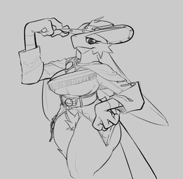 3_fingers anthro anthrofied arms_bent beak belt belt_buckle big_breasts biped bottomless bottomless_anthro bottomless_female breasts buckle cape claws closed_smile clothed clothed_anthro clothed_female clothing cowboy cowboy_hat cowgirl_outfit crotch_tuft eyelashes facial_tuft featureless_crotch feet female female_anthro finger_claws fingers fur glistening glistening_eyes grey_background hat headgear headwear holding_clothing holding_hat holding_headgear holding_headwear holding_object holowear_(pokemon) jacket looking_at_viewer mouth_closed no_pupils non-mammal_breasts pokeball_symbol pokemorph poncho scuted_arms scutes simple_background smile smiling_at_viewer solo standing talons thick_thighs three-quarter_view tipping_hat toes topwear tuft wide_hips malofantastic nintendo pokemon pokemon_unite frontier_style_blaziken avian blaziken generation_3_pokemon pokemon_(species) 2025 digital_media_(artwork) hi_res line_art monochrome portrait sketch three-quarter_portrait