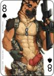 2018 4_fingers abs anatomically_correct anatomically_correct_genitalia anatomically_correct_penis animal_genitalia animal_penis anthro bad_trigger_discipline balls black_body black_fur black_nose bottomwear brown_body brown_fur burk_(benzo) camo camo_print canid canine canine_genitalia canine_penis canis card card_template clock clothed clothing copyright_symbol countershading dog_tags domestic_dog eight_of_spades erection fingerless_gloves fingers fonyaa fur genitals german_shepherd gloves green_eyes gun half-erect handwear herding_dog knot looking_at_viewer male mammal markings military mole_(marking) muscular muscular_anthro muscular_male navel pants partially_clothed pastoral_dog pawpads penis playing_card playing_card_template pouches pubes ranged_weapon red_penis rifle simple_background solo spades_(suit) standing suit_symbol symbol tan_body tan_fur topless uniform urethra watch weapon white_background wristwatch
