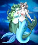 anthro areola big_breasts breasts duo female female/female fin genitals hair legless long_hair looking_at_viewer nipples pussy smile smiling_at_viewer split_form mailner juniper_(gamer101_123) sandy_(jetphox) canid canine canis mammal marine merfolk wolf absurd_res hi_res