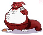 ambiguous_gender anthro biped bread claws finger_claws food obese obese_ambiguous obese_anthro overweight overweight_ambiguous overweight_anthro pose shadow standing three-quarter_view toe_claws bardo_en_krisis bandai_namco digimon digimon_(species) guilmon digital_drawing_(artwork) digital_media_(artwork) full-length_portrait hi_res portrait