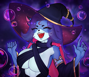 anthro big_breasts breasts bubble female magic magic_user smile solo witch lovellen domestic_cat felid feline felis mammal absurd_res hi_res