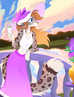 anthro biped bottomwear breasts claws clothed clothed_anthro clothed_female clothing cloud countershade_torso countershading day female fingers front_view fully_clothed fully_clothed_anthro fully_clothed_female fur hair hat headgear headwear navel outside sky smile solo spots standing tail topwear aseethe felid mammal pantherine snow_leopard 2026 digital_drawing_(artwork) digital_media_(artwork) hi_res