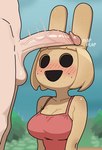 anthro anthro_focus big_penis biped blush breasts brown_body clothing duo empty_eyes erection female female_anthro female_focus female_on_human foreskin genitals human_on_anthro humanoid_genitalia humanoid_penis interspecies male male/female male_human male_on_anthro outside penis penis_on_head retracted_foreskin shirt solo_focus standing tank_top topwear vein veiny_penis healerart animal_crossing nintendo coco_(animal_crossing) villager_(animal_crossing) gyroid human lagomorph leporid mammal rabbit hi_res