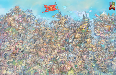 anthro armor battle dominant dominant_female dominant_male female female/female fight flag flag_(object) from_behind_position group group_sex male male/female male/male melee_weapon orgy orgy_landscape polearm power_bottom predator/prey sex spear victory weapon mamabliss canid canine canis lagomorph leporid mammal rabbit wolf absurd_res hi_res