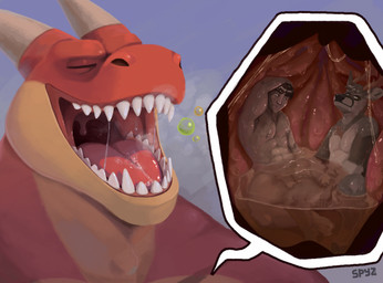 abs anthro bodily_fluids brown_hair burp_cloud burping eyes_closed group hair hand_over_head horn human_prey inside_stomach internal male male/male muscular muscular_male nipples oral_vore organs partially_submerged red_body saliva saliva_string sharp_teeth simple_background stomach stomach_acid teeth tongue trio uvula vore spyz_(artist) mythology danathius_(danaers) jet_(jetlaudir) kherrox deer dragon human mammal mythological_creature mythological_scalie scalie 2026 hi_res lineless picture_in_picture shaded soft_shading watermark