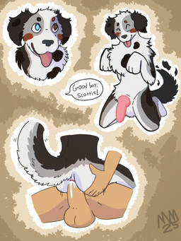 anal anal_penetration animal_genitalia animal_penis anthro anthro_penetrated balls bodily_fluids canine_genitalia canine_penis cum cum_in_ass cum_inside cumshot dialogue duo ejaculation erection genital_fluids genitals heterochromia human_on_anthro human_penetrating human_penetrating_anthro humanoid_genitalia humanoid_hands humanoid_penis interspecies kneeling knot knotted_penis male male/male male_penetrated male_penetrating male_penetrating_male motion_lines on_lap penetration penile penile_penetration penis sex speech_bubble visible_anus maskedmvtt border_collie canid canine canis collie domestic_dog herding_dog human mammal pastoral_dog sheepdog 3:4 colored_line_art hi_res shaded