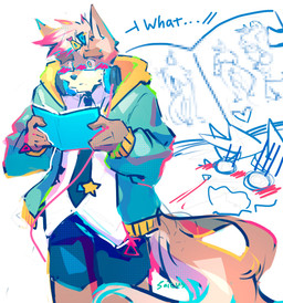anthro athletic athletic_anthro athletic_male blush blush_lines book brown_body brown_fur clothing countershade_fur countershading electronics fur green_clothing green_hoodie green_topwear headgear headphones headset hoodie male multicolored_eyes rainbow_eyes solo topwear white_body white_countershading white_dress_shirt white_fur saicccus13 nick_(saicccus13) canid canine canis mammal wolf absurd_res hi_res