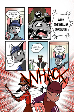 anthro clothed clothed_anthro clothed_female clothed_male clothing cybernetic_arm cybernetic_limb cybernetics dialogue eyewear female female_anthro flat_cap fur goggles grey_body grey_fur gun handgun hat headgear headwear machine male male_anthro metal_pipe ranged_weapon weapon gatonejo tabby_(gatonejo) bear canid canine canis cyborg domestic_dog lagomorph leporid mammal murid murine rabbit rat rodent 2026 absurd_res comic hi_res