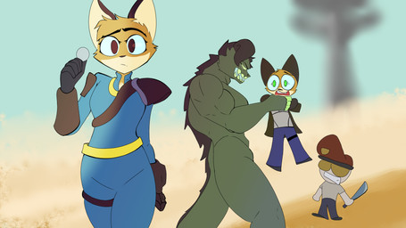 anthro desert female group holding_object holding_weapon male male/female new_california_republic new_vegas outside vault_suit weapon jouh fallout microsoft craig_boone canid canine deathclaw human mammal scalie 16:9 4k absurd_res hi_res widescreen