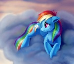 blue_body blue_feathers blue_fur bodily_fluids cloud crying cutie_mark feathered_wings feathers female feral fur hair multicolored_hair multicolored_tail outside pink_eyes rainbow_hair rainbow_tail sad sky skyscape solo tail tears wings magpie_(artist) friendship_is_magic hasbro my_little_pony mythology rainbow_dash_(mlp) equid equine mammal mythological_creature mythological_equine pegasus