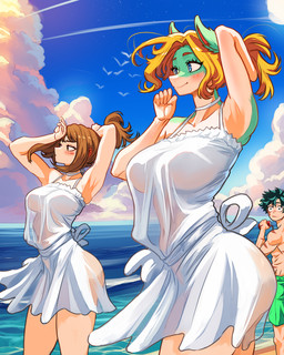 anthro big_breasts blonde_hair breasts brown_hair butt clothing cloud day dress duo_focus eyelashes female fur green_body green_fur green_hair group hair male navel ponytail sky smile translucent translucent_clothing trio white_clothing white_dress vlizz my_hero_academia ippan_josei izuku_midoriya ochaco_uraraka avian bird gull human lari larid mammal quirked_human_(my_hero_academia) 4:5 absurd_res hi_res