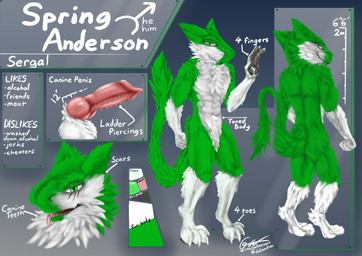 animal_genitalia anthro genitals green_body green_eyes knot knotted_penis male penis solo spring_anderson text galma sergal absurd_res english_text hi_res model_sheet signature