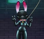 alec8ter anthro bdsm blindfold bodysuit clothed clothing collar collar_tag conditional_dnp dipstick_ears disney female flat_chested front_view gag gagged gesture gimp_suit hand_gesture hi_res huebris judy_hopps lagomorph latex leash leporid looking_at_viewer mammal mask multicolored_ears rabbit skinsuit solo text tight_clothing v_sign zipper zootopia