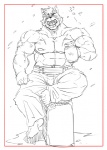 abs alcohol anthro beer beverage biceps big_muscles border drunk eye_patch eyewear food fur male markings muscular muscular_anthro muscular_male nipples pecs scar solo substance_intoxication white_border dandoo drakuun dard felid mammal pantherine tiger