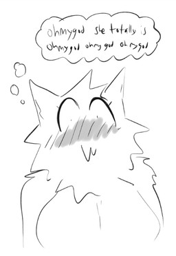 :3 anthro blush breasts female inner_monologue simple_background solo text thinking thought_bubble white_background wide_eyed bigsteppies unknown_species black_and_white english_text monochrome