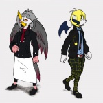 5_fingers ambiguous_gender anthro beak belt bottomwear clothed clothing duo ear_piercing fastener feathered_wings feathers fingers footwear fully_clothed grey_body grey_feathers grey_hair hair horn jacket loafers male necktie one_eye_closed pants piercing pin_(fastener) safety_pin shirt shoes short_hair simple_background standing topwear white_background wings wink unknown_artist pandemonium_company pixiv_project avian bird 1:1