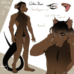 anthro armpit_hair black_hair black_tail body_hair brown_body brown_fur brown_hair fangs flaccid foreskin front_view fur genitals green_eyes hair humanoid_genitalia humanoid_penis looking_at_viewer male male_anthro mouth_closed multicolored_hair narrowed_eyes nude open_mouth penis pubes shoulder_scar simple_background solo standing tail teeth torn_ear two_tone_hair cobu cobby_(cobe_xiu-xiu) hybrid kangaroo lagomorph leporid macropod mammal marsupial rabbit 1:1 hi_res model_sheet