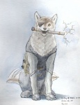 clothed clothing eye_patch eyewear feral fur looking_at_viewer male sitting solo karbik_(artist) konami metal_gear metal_gear_solid_v d-dog canid canine canis mammal wolf traditional_media_(artwork)