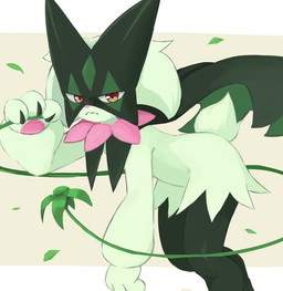 3_fingers ambiguous_gender anthro claws finger_claws fingers flower_(anatomy) fur green_body green_fur green_tail looking_at_viewer mask pawpads paws pink_nose solo stem tail ylit nintendo pokemon generation_9_pokemon meowscarada pokemon_(species) 2026