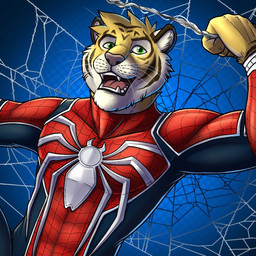 anthro athletic athletic_anthro athletic_male clothed clothing facial_markings front_view fur glistening glistening_eyes green_eyes head_markings head_tuft looking_at_viewer male male_anthro markings open_mouth pattern_background simple_background solo spiderman_costume striped_body striped_face striped_fur stripes tuft whiskers white_body white_fur yellow_body yellow_fur hufnaar ulbrek felid mammal pantherine tiger 1:1 hi_res