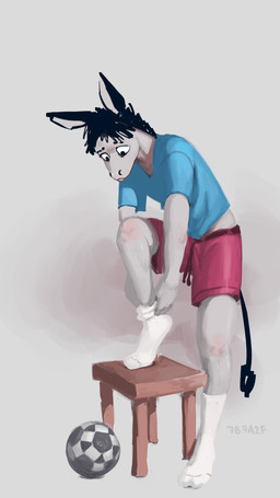 anthro ball biped blue_clothing blue_shirt blue_t-shirt blue_topwear bottomwear clothed clothed_anthro clothed_male clothing footwear furniture hair humanoid_hands long_ears looking_down male male_anthro mane mane_hair red_bottomwear red_clothing red_shorts shirt shorts simple_background soccer_ball socks solo standing stool t-shirt tail text topwear white_clothing white_footwear white_socks 7b7a2f asinus donkey equid equine mammal 2025 9:16 absurd_res artist_name digital_media_(artwork) digital_painting_(artwork) hi_res painting_(artwork)