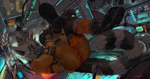 anthro bared_teeth black_boots black_clothing black_footwear black_inner_ear_fluff black_nose blush bodysuit boots cheek_tuft clothed clothing facial_tuft footwear fur grey_body grey_fur grey_hair hair inner_ear_fluff inside male male_anthro markings messy_hair narrowed_eyes orange_bodysuit orange_clothing orange_eyes orange_skinsuit shoes short_hair skinsuit solo striped_markings striped_tail stripes tail tail_markings teeth tight_clothing tuft weightlessness white_body white_fur yellow_sclera oselotti lemur mammal primate strepsirrhine 2025 absurd_res hi_res signature