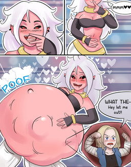belly big_belly calling_for_release dialogue duo female female/female female_pred female_prey hair human_pred not_furry pink_body pink_skin poof_effect speech_bubble talking_to_another talking_to_pred text vore vowelless vowelless_vocalization white_hair blueberry-shortcake dragon_ball dragon_ball_fighterz dragon_ball_z android_18 android_21 majin_android_21 alien alien_humanoid human humanoid majin mammal english_text hi_res