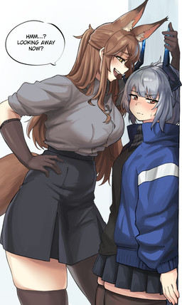 assertive_female big_breasts blush bodily_fluids bottomwear breasts brown_hair clothing duo female female/female gloves grey_hair hair hand_on_hip handwear horn horn_grab jacket kabedon legwear shirt size_difference skirt sweat thigh_highs topwear radioneet arknights hypergryph studio_montagne franka_(arknights) liskarm_(arknights) animal_humanoid canid canid_humanoid canine canine_humanoid fox_humanoid horned_humanoid humanoid mammal mammal_humanoid 2025 absurd_res hi_res