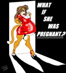 anthro belly big_breasts blue_eyes breasts brown_hair clothing dress female footwear fur hair hand_on_hip high_heels multicolored_body multicolored_fur panties pregnant red_clothing red_dress shoes solo text two_tone_body two_tone_fur underwear danellz kathy_(danellz) felid lion mammal pantherine digital_media_(artwork) english_text