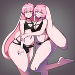 absurd_res anthro athena_mura atticus_mura bra breasts brother_(lore) brother_and_sister_(lore) bulge cleavage clothed clothing crossdressing detailed_bulge digital_media_(artwork) duo embrace female floppy_ears front_view fur genital_outline girly gradient_background hair hi_res lagomorph leporid looking_at_viewer male mammal navel nonbinary_(lore) panties penis_outline pink_body pink_fur pink_hair rabbit raised_leg shaded sibling_(lore) simple_background sister_(lore) skimpy smile suelix thick_thighs twins_(lore) underwear wide_hips yellow_eyes