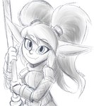 armor big_hair breastplate clothing female gloves hair handwear holding_object holding_weapon humanoid_pointy_ears looking_at_viewer melee_weapon one_fang pigtails pointy_ears shoulder_guards smile solo weapon veigar-chan league_of_legends riot_games tencent poppy_(lol) humanoid yordle artist_name monochrome signature