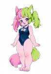 absurd_res breasts camel_toe clothed clothing cute_fangs fangs female fur green_hair hair hi_res kemono looking_at_viewer mammal multicolored_hair nipple_outline one-piece_swimsuit pigtails pink_body pink_fur pink_hair purple_eyes school_swimsuit seitarou short_stack simple_background smile swimwear teeth two_tone_hair white_background